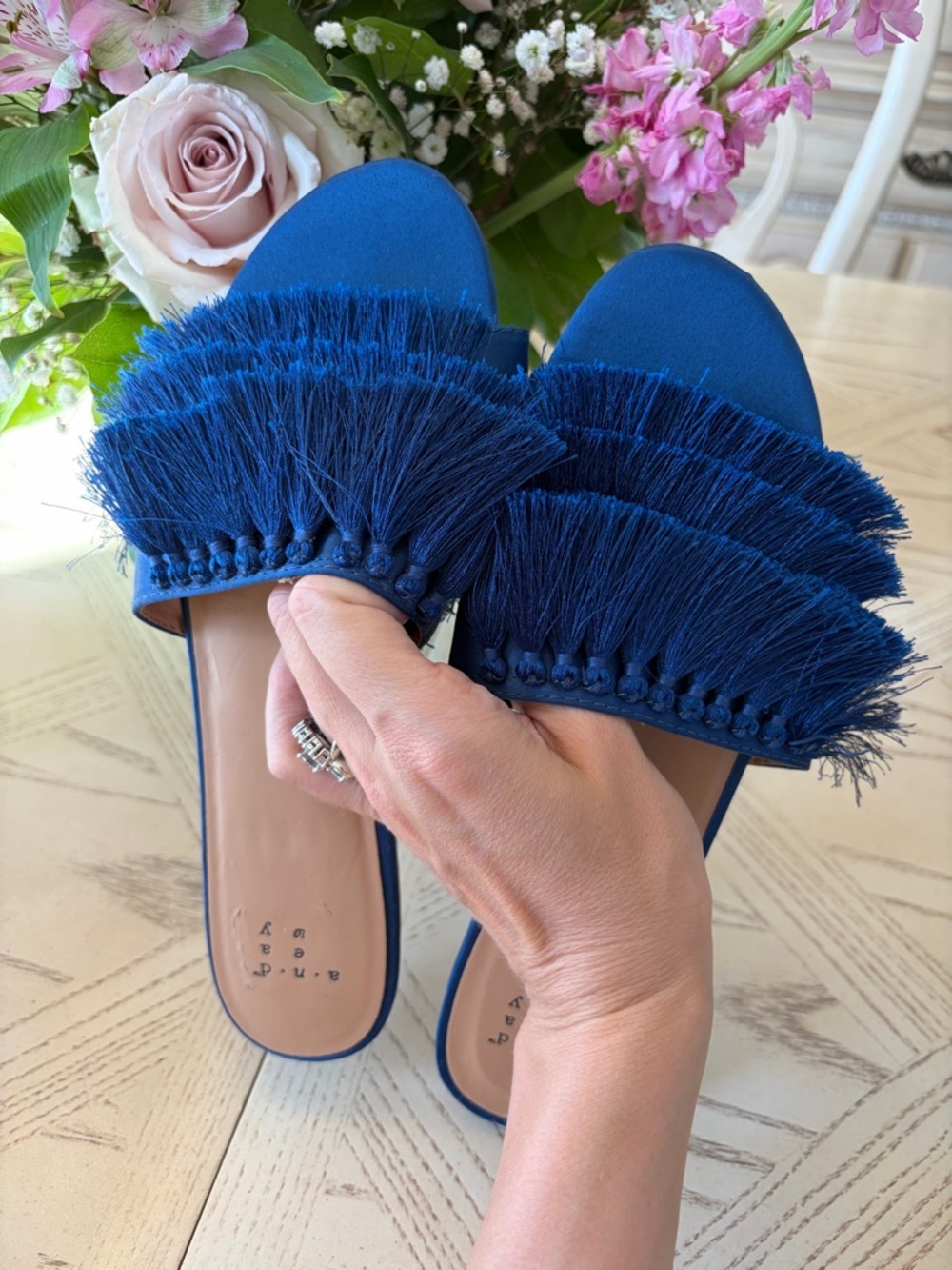 A New Day Blue Fringe Slide Sandals